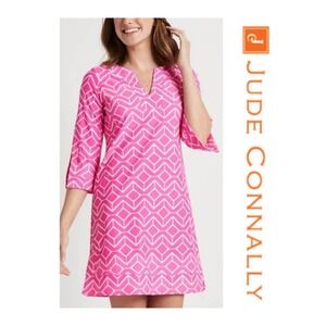 Jude Connally Megan Pink Geometric Print Tunic Dress 3/4 Slit Sleeve Size M